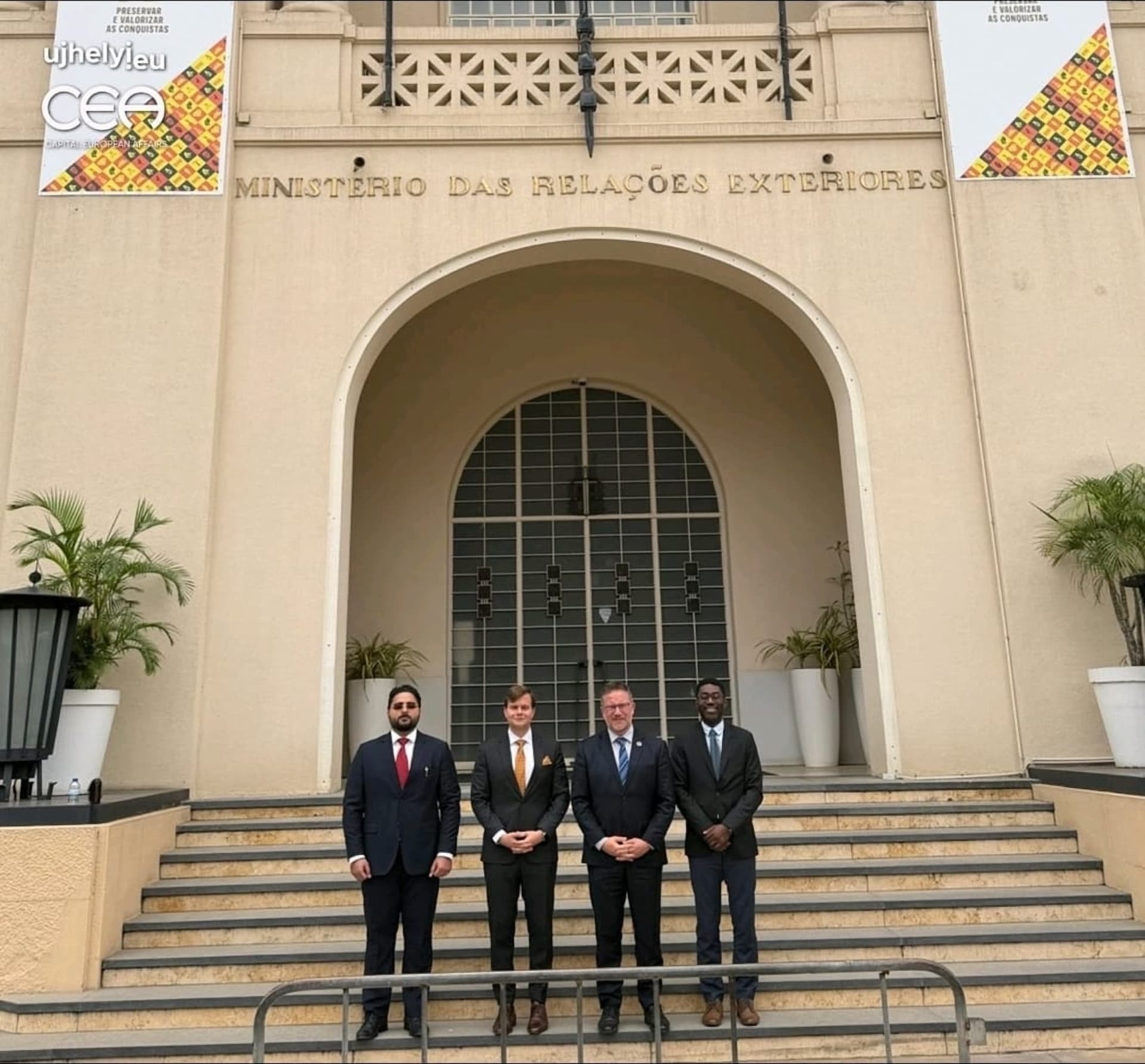 Angolan and Hungarian delegates on the steps of Angola's Ministry of Foreign Affairs, Luanda