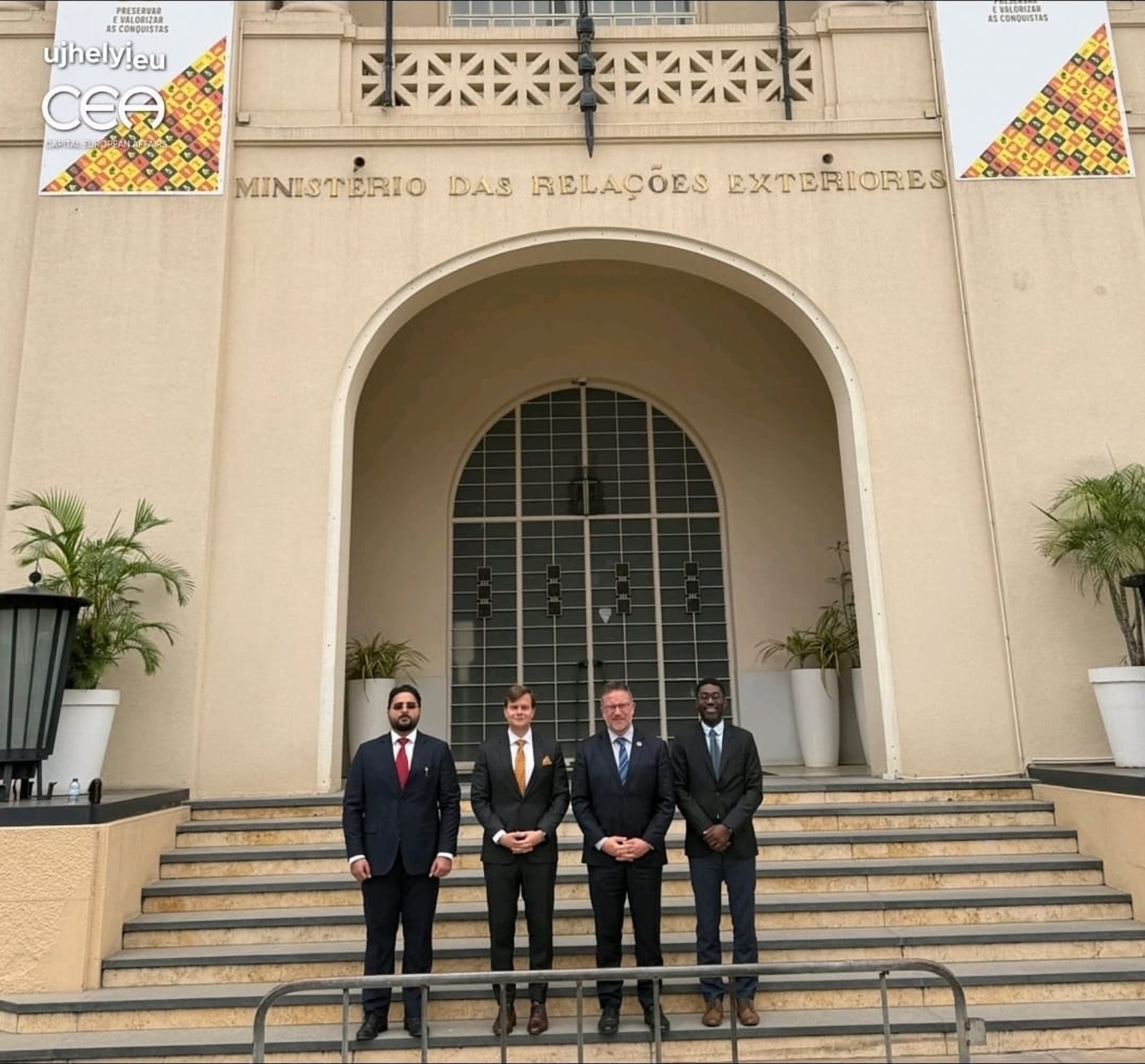 Angolan and Hungarian delegates on the steps of Angola's Ministry of Foreign Affairs, Luanda